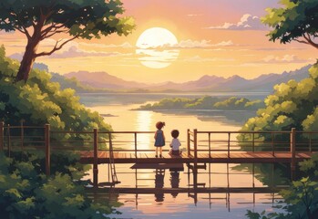 illustration of 2 school children in cartoon and anime style