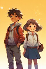 illustration of 2 school children in cartoon and anime style
