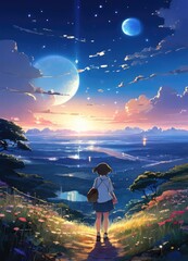 illustration of a lone person at night by moonlight in anime and cartoon style.