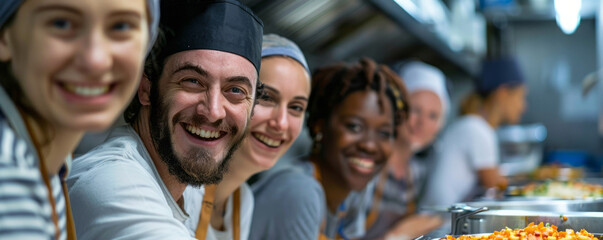 A group of coworkers volunteering at a local soup kitchen, serving meals to those in need with smiles and compassion.