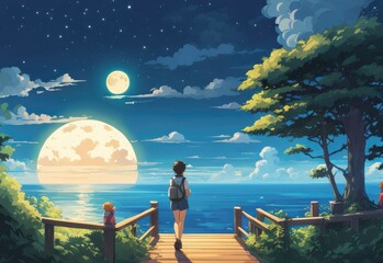 illustration of a lone person at night by moonlight in anime and cartoon style.