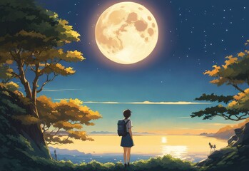 illustration of a lone person at night by moonlight in anime and cartoon style.