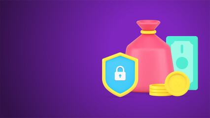 Financial account bill protection banking deposit cash money sack risk insurance 3d icon vector