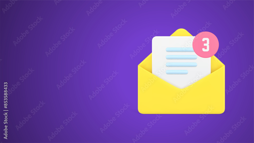 Poster incoming three message open paper yellow envelope with letter digital alert reminder 3d icon vector
