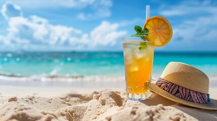 Obraz premium Beach Scene with Exotic Drink and Straw Hat