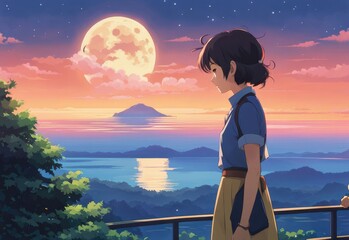 illustration of a lone person at night by moonlight in anime and cartoon style.