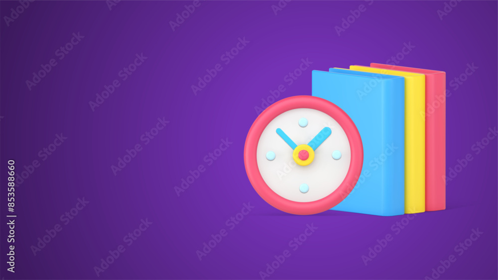 Poster time to learning book education reading back to school clock countdown with textbook 3d icon vector