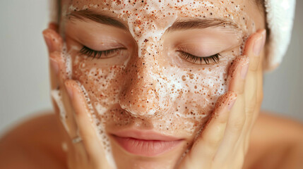 A woman with a face covered in foam. The foam is white and the woman's face is blue
