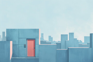 Obraz premium A simple, minimalist cityscape with flat, geometric buildings. In the middle of the city, a single door stands out, perhaps in a different color, emphasizing its significance amidst the uniformity 