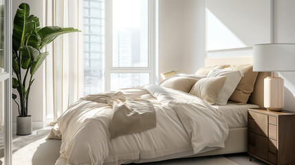 A bedroom with a white bed, a lamp, and a potted plant