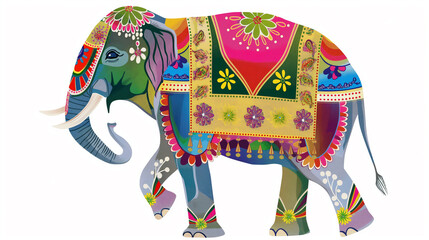 A colorful elephant with a colorful blanket on its back