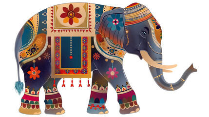 A colorful elephant with a flower on its back