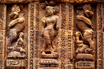 Konark Sun Temple in Odisha, India. Erotism and origin of kamasutra in Indian sculpture. Erotic sculpture of Konark temple. Konark Sun Temple is a 13th-century CE sun temple at Konark.