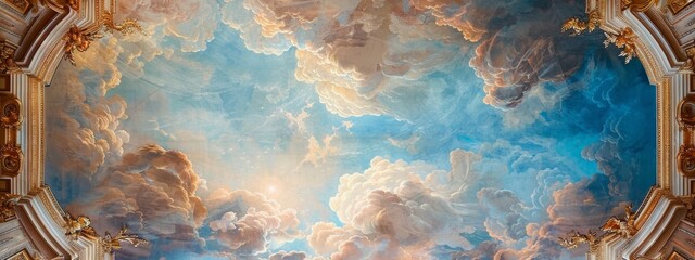 Baroque Style Ceiling Mural Featuring Blue Sky and Heavenly Scene, Artistic and Aesthetic Architectural Design, High-Resolution AI-Generated Wallpaper and Background