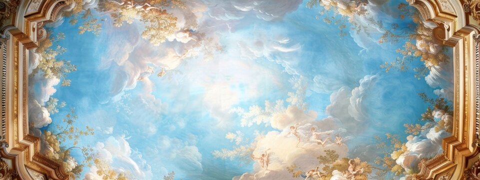 Baroque Style Ceiling Mural Featuring Blue Sky and Heavenly Scene, Artistic and Aesthetic Architectural Design, High-Resolution AI-Generated Wallpaper and Background