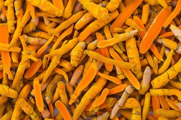 Turmeric root texture background, dry Curcuma long pattern, ginger mockup, dry spice seasoning banner