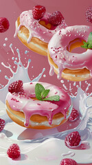 Obraz premium Dynamic Pink Doughnut with Raspberries Splashing
