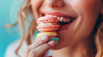 Naklejka premium Joyful Woman Enjoying Colorful Macarons Close-Up
