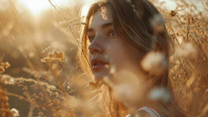 A woman seated in a field of flowers, turning her head to the side as if listening to the gentle whispers of the wind, creating a scene of calm and quiet beauty.