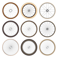 Realistic 3d retro bicycle wheels. Vintage bike rubber tyres, shiny metal spokes and rims. Fitness cycle, touring, sport, road and mountain bike. Vector illustration
