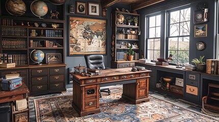 Vintage Office with Large Window and Rustic Decor