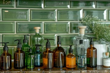 modern green bathroom with skin care products