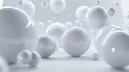 Highquality 3D white spheres in a futuristic, minimalist environment, creating a serene and ethereal ambiance