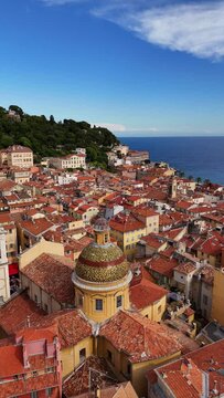 Nice city, France aerial view. The Cote d'Azur in the southern part of France. Belland Tower. Vertical video
