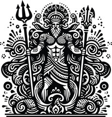  poseidon silhouete with Polynesian ethnic pattern illustration