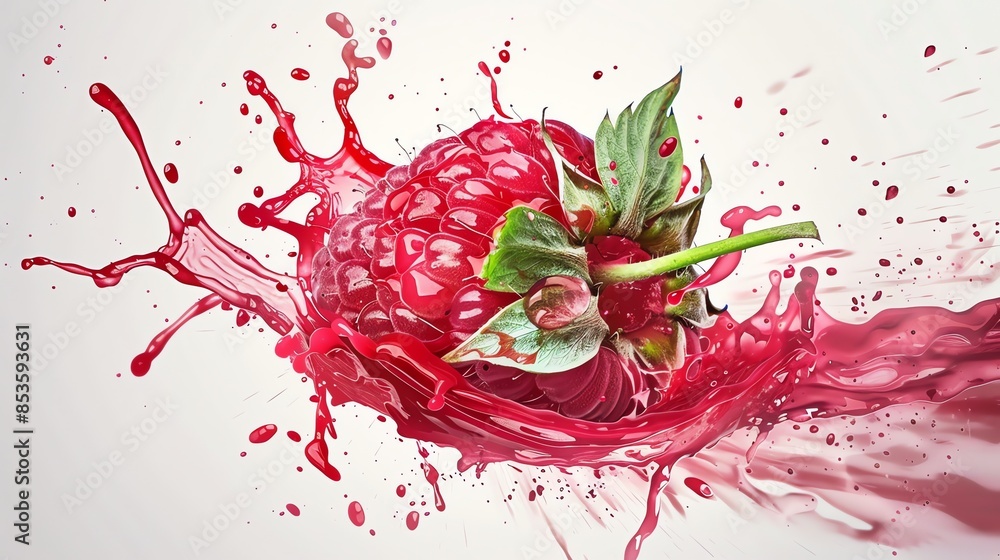 Aufkleber a red raspberry with green leaves is surrounded by a splash of red liquid, creating a dynamic and vi