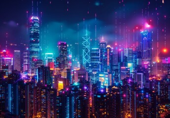 Fototapeta premium A futuristic smart cityscape at night, with buildings lit up by colorful lights and interconnected by digital networks, showcasing the role of technology in urban business environments