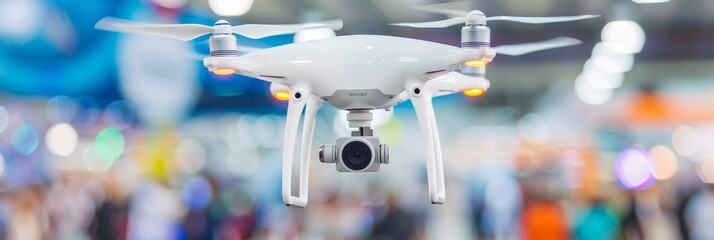 Futuristic drone showcasing innovation above outdoor event crowd, embodying cutting edge technology