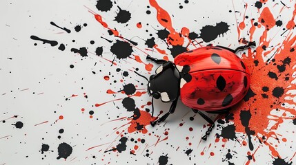 A red ladybug with black spots sits on a white background with red and black paint splatters.
