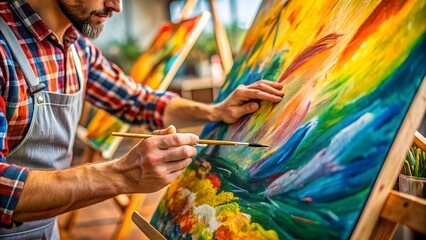 Bearded Man Finishing Touches On Abstract Painting In Studio