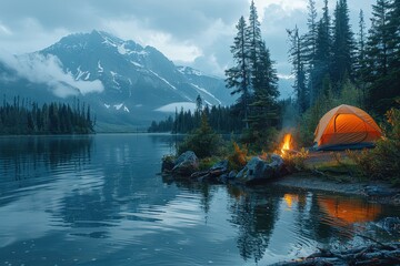 A cozy campsite by a lake, with a tent, campfire, and mountains reflected in the still water. 