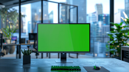 A computer monitor with a green screen is displayed on a desk in an office. There's a glass wall in the background with a bustling city view.