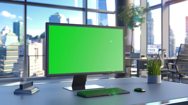 A computer monitor with a green screen is displayed on a desk in an office. There's a glass wall in the background with a bustling city view. - Powered by Adobe