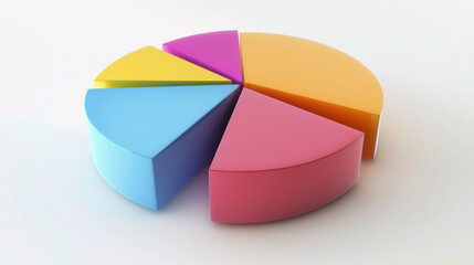 A computer-generated image of a three-dimensional pie chart on a white background. The pie chart is divided into different colored sections, each representing a percentage of the whole.