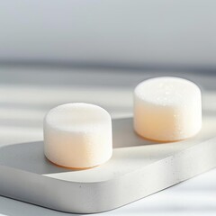 Two white, round, solid soap bars on a white surface.