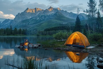 A cozy campsite by a lake, with a tent, campfire, and mountains reflected in the still water. 