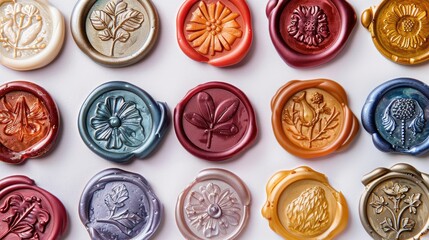 Collection of colorful wax seal stamps with different embossing, showcased on antiqued paper