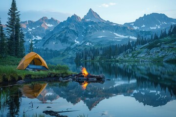 A cozy campsite by a lake, with a tent, campfire, and mountains reflected in the still water. 