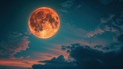 Fototapeta premium A full moon, known as a blood moon, hangs in a dark sky with wispy clouds.