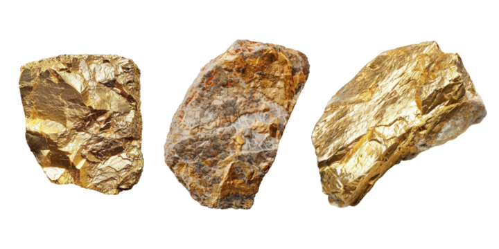 Set of raw gold ore, isolated on transparent white background