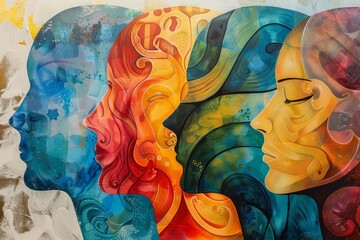 World Mental Health Day. Colorful abstract illustration of four profiles with intricate patterns