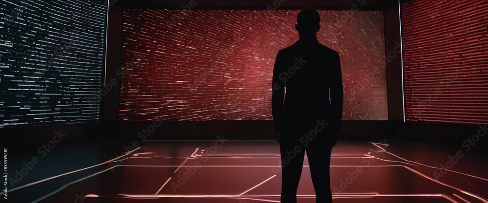 Poster a red silhouette of a person standing in front of a giant digital screen with a flow of data showing