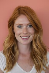Fototapeta premium Cheerful young woman with long blonde hair in white shirt smiling against soft peach backdrop