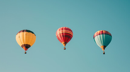 Fototapeta premium Three hot air balloons are flying in the sky, with one of them being red and blue. The sky is clear and blue, and the balloons are soaring high above the ground. Concept of freedom and adventure