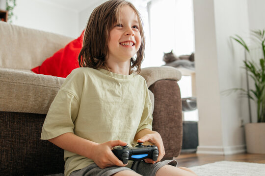 Smiling boy sitting and playing video game at home
