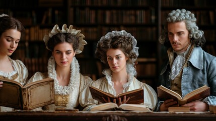 old time historical era, group of young women study and reading book at library